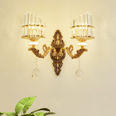 1/2-Bulb Arc Wall Light Sconce Modern Gold Finish Crystal Rectangle Wall Mounted Lamp