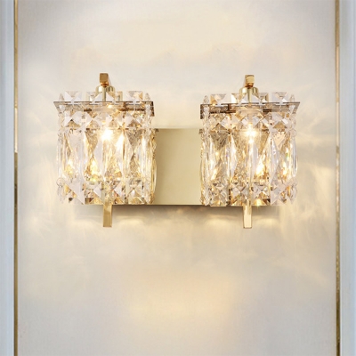 1/2-Light Rectangle Wall Sconce Modernist Chrome/Gold Crystal Block Wall Lighting Fixture
