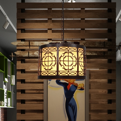 1 Bulb Drum Ceiling Pendant Light Industrial Bronze Finish Metal Pendulum Lamp with Rose/Square Pattern