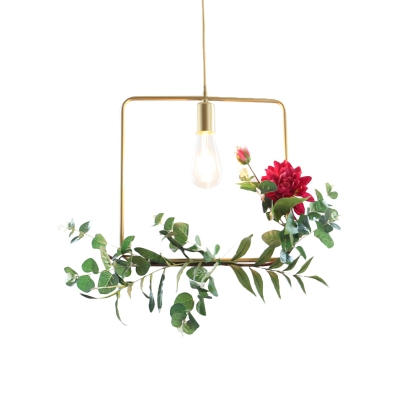 1 Bulb Fake Rose Pendant Ceiling Light Rural Gold Iron Hanging Lamp with Triangle/Square/Linear Frame