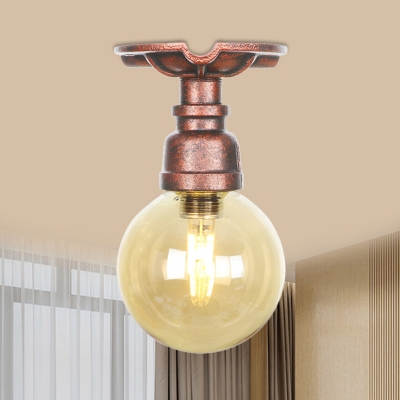 1-Head Sphere LED Semi Flush Light Fixture Industrial Copper Amber Glass Ceiling Mounted Lamp