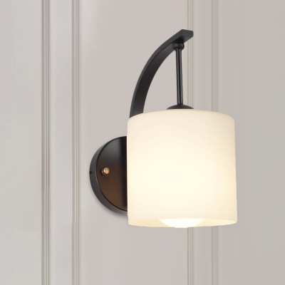 1 Light Indoor Wall Lighting Modernism Black Finish Wall Mount Lamp with Cylinder Opal Glass Shade