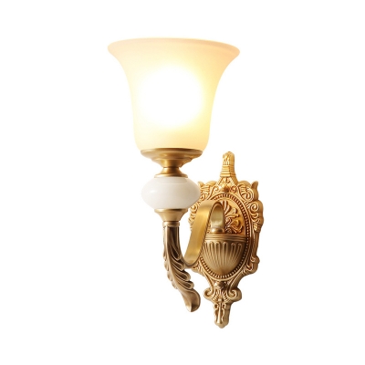 1-Light Ivory Glass Sconce Ideas Traditional Brass Bell Stairway Wall Mount Light with Undulated Arm