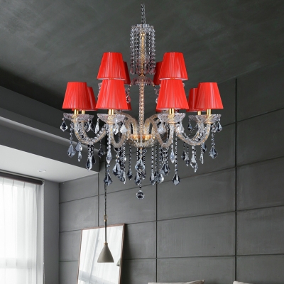 12-Head Barrel Chandelier Lighting Traditionalist Red Fabric Hanging Pendant with Clear Crystal Stand