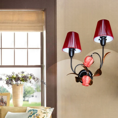 2 Heads Sconce Light Fixture Antiqued Branch Metal Wall Mount Lamp in Black with Cone Red Fabric Shade