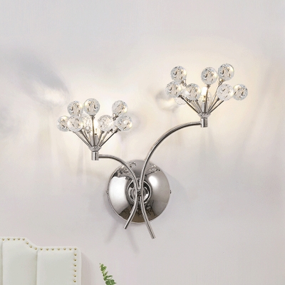 2-Light Faceted Crystal Balls Sconce Modernist Chrome Blooming Bedroom Wall Mounted Light