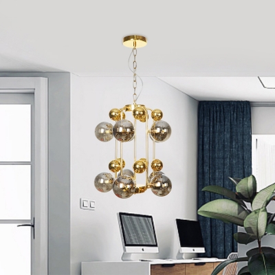 2 Tiered Ball Smoke Grey Glass Chandelier Mid Century 8 Lights Brass Finish Ceiling Pendant Lamp