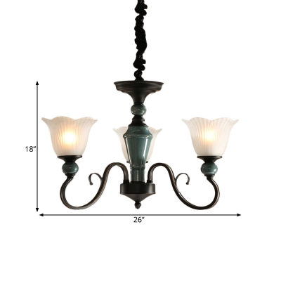3/6-Bulb Floral Up Suspension Light Antiqued Black Opal Frosted Glass Chandelier Lamp Fixture with Swirl Arm