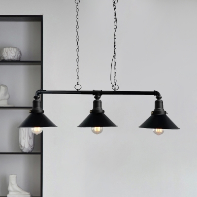 3 Bulbs Iron Pendant Light Warehouse Black Piping Loft House Hanging Lamp over Island with Cone Shade
