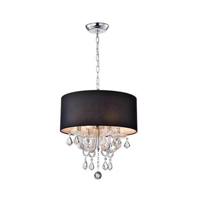 4 Bulbs Drum Chandelier Modern Black Fabric Pendant Light Fixture with Crystal Accent