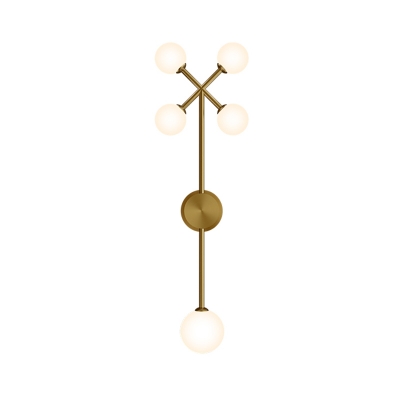 5 Bulbs Bedside Sconce Light Postmodern Gold Wall Mount Lamp with Branchlet Ivory Glass Shade