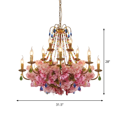 6/12-Bulb Candle Chandelier Lighting Farm Gold Iron Flower Suspension Light with Multicolored Crystal Accent