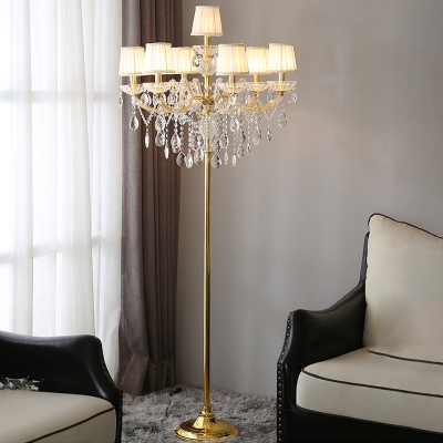 7-Light Candle Floor Lamp Traditional Gold Crystal Standing Light with Pleated Lampshade