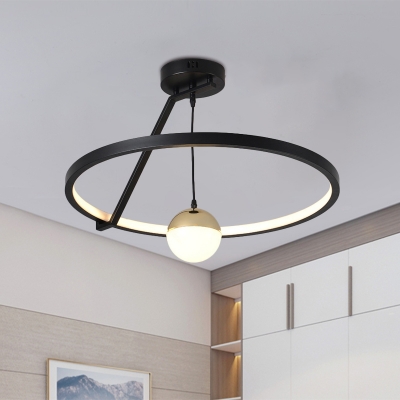 Aluminum Hoop Ceiling Light Simplicity Black LED Semi Flush Mount Lamp with Dangling Ball Acrylic Shade