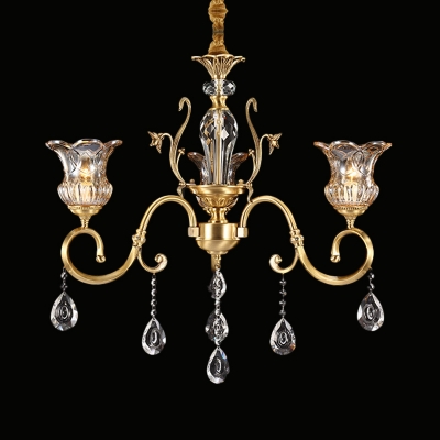 Amber Glass Brass Chandelier Floral 3 Bulbs Postmodern Ceiling Light with Crystal Accent
