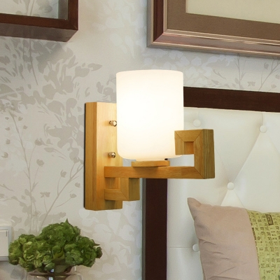 Asian Pillar Milk Glass Wall Light 1 Head Wall Sconce Lighting with Oriental Element in Wood