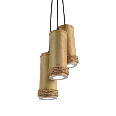 Bamboo Tubular Cluster Pendant Light Factory 3 Heads Dining Room Ceiling Lamp in Light Brown