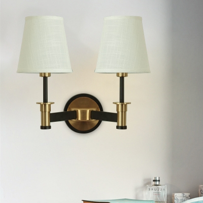 Barrel Indoor Wall Mount Lighting Farmhouse White/Beige Fabric 2 Heads Wall Sconce Lamp in Black and Gold