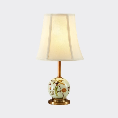 Bell Fabric Night Light Farmhouse 1 Light Bedside Table Lamp in White with Orb Printing Ceramics Deco