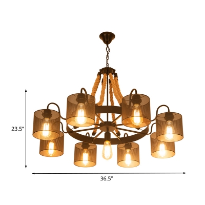 Black 9/13 Bulbs Pendant Chandelier Farmhouse Metal Cylinder Hanging Ceiling Light with Wheel and Rope Rod