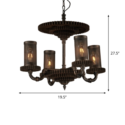 Black Cylindrical Mesh Chandelier Industrial Iron 4 Bulbs Chamber Pendant Light Kit with Gear Element