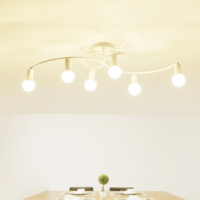 Black/White Swirling Semi Mount Lighting Modern 6 Heads Metal Ceiling Flush Light with Exposed Bulb Design