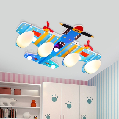 Blue Bullet Flush Lighting Cartoon 4-Bulb Acrylic LED Ceiling Mounted Lamp with Airplane Canopy