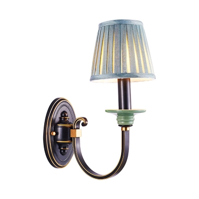 Blue Pleated Fabric Barrel Wall Light Traditional 1/2-Head Indoor Wall Mount Lamp in Black