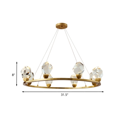 Brass Ring Pendant Chandelier Minimalism 6/8 Heads Faceted Crystal Hanging Ceiling Light