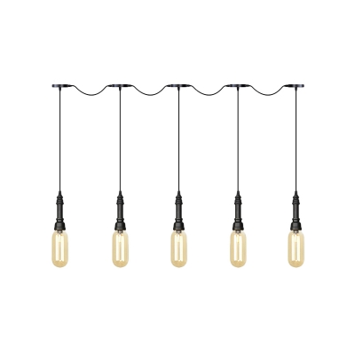 Capsule Amber Glass LED Multi Ceiling Light Vintage 3/5/7-Light Restaurant Tandem Pendant Lamp Fixture in Black