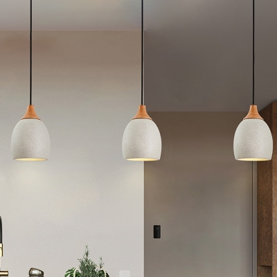 Cement Domed Suspension Light Modern Nordic 1 Bulb Hanging Pendant in Light Grey and Wood
