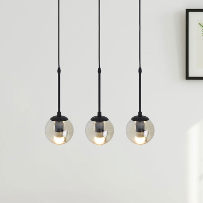 Clear Glass Cluster Ball Pendant Retro 3/5-Head Dining Room Ceiling Suspension Lamp with Round/Linear Canopy in Black