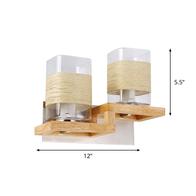 Clear Glass Cylinder/Square Sconce Modernism 1/2-Bulb Wood Wall Mount Lighting with Rope Detail