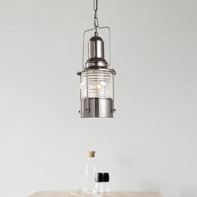Clear Ribbed Glass Chrome Drop Pendant Lantern 1 Bulb Loft Style Hanging Light Fixture
