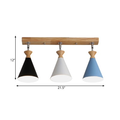 Cone Semi Flush Mount Light Macaron Iron 3 Lights Black-White-Blue Flush Lamp with Wood Linear Canopy