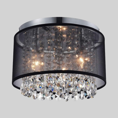 Contemporary Cascade Flush Mount 3 Lights Crystal Ceiling Light in Chrome with Drum Fabric Shade