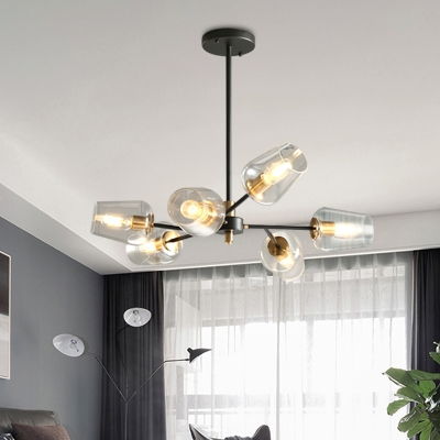 Cup Shaped Pendant Chandelier Modern Clear/Smoke Gray Glass 6/9 Lights Bedroom Hanging Lamp in Black