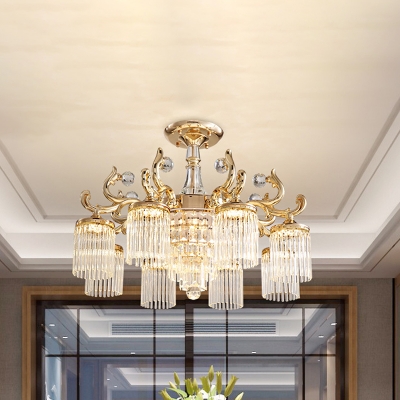 Cylinder K9 Strip Crystal Semi Flush Contemporary 6/8-Head Dining Room LED Flush Ceiling Light in Gold