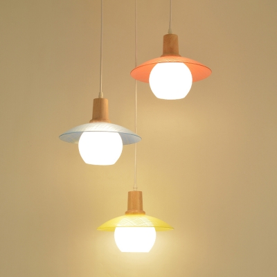 Disk Multi Ceiling Light Macaron Blue-Pink-Yellow Glass 3 Lights Wood Hanging Lamp Kit