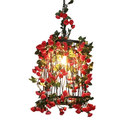 Factory Trellis Cage Ceiling Lamp 1-Bulb Iron Hanging Pendant Light in Black with Flower Decoration