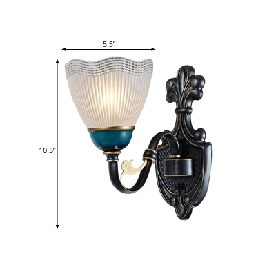 Flower Latticed Glass Up Sconce Traditional 1/2-Light Indoor Wall Light Fixture in Black and Blue