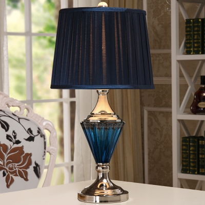 Gathered Fabric Black Table Light Tapered Drum 1 Bulb Retro Night Stand Lamp with Blue Ribbed Glass Base