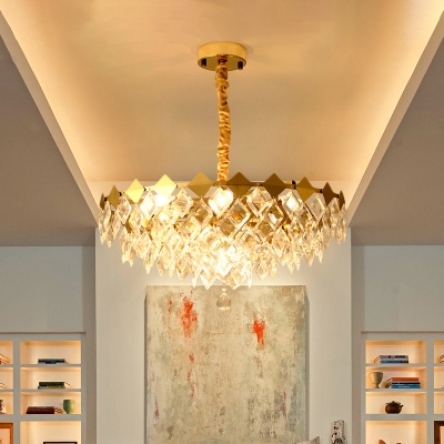 Gold 6/9-Bulb Chandelier Light Fixture Antique Crystal Panel Circular Pendant Lamp for Living Room