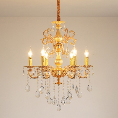 Gold 6 Lights Hanging Chandelier Traditionalist Metallic Candlestick Ceiling Suspension Lamp with Crystal Stand