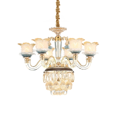 Gold 8 Heads Ceiling Chandelier Traditional Crystal Flower Hanging Pendant Light with Droplet