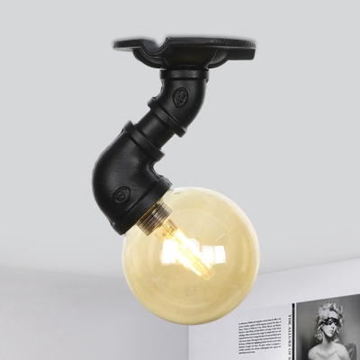 Industrial Globe Semi Flush Light Fixture 1 Head Amber Glass LED Ceiling Flush in Black