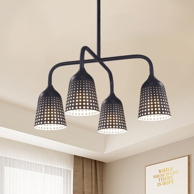 Laser-Cut Bell Dining Room Island Lamp Vintage Metal 4-Bulb Black Finish LED Drop Pendant Light