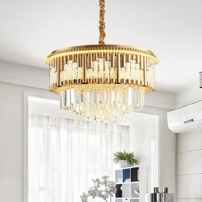LED Hanging Chandelier Antique Tiered Round Crystal Block Suspension Light in Gold