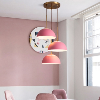 Macaron 3-Head Cluster Pendant Light White/Pink/Green Finish Dome Ceiling Suspension Lamp with Iron Shade over Table