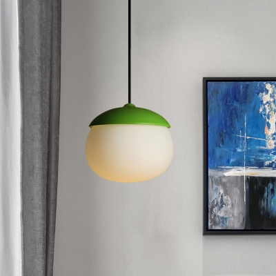 Macaron Oval Cream Glass Drop Pendant 1-Light Suspension Lighting with Green Cap for Dining Room